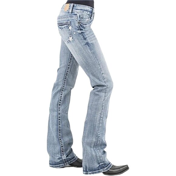 Denim - Women Bootcut Jeans Embroidered Wash High-Waist Denim Pants Large